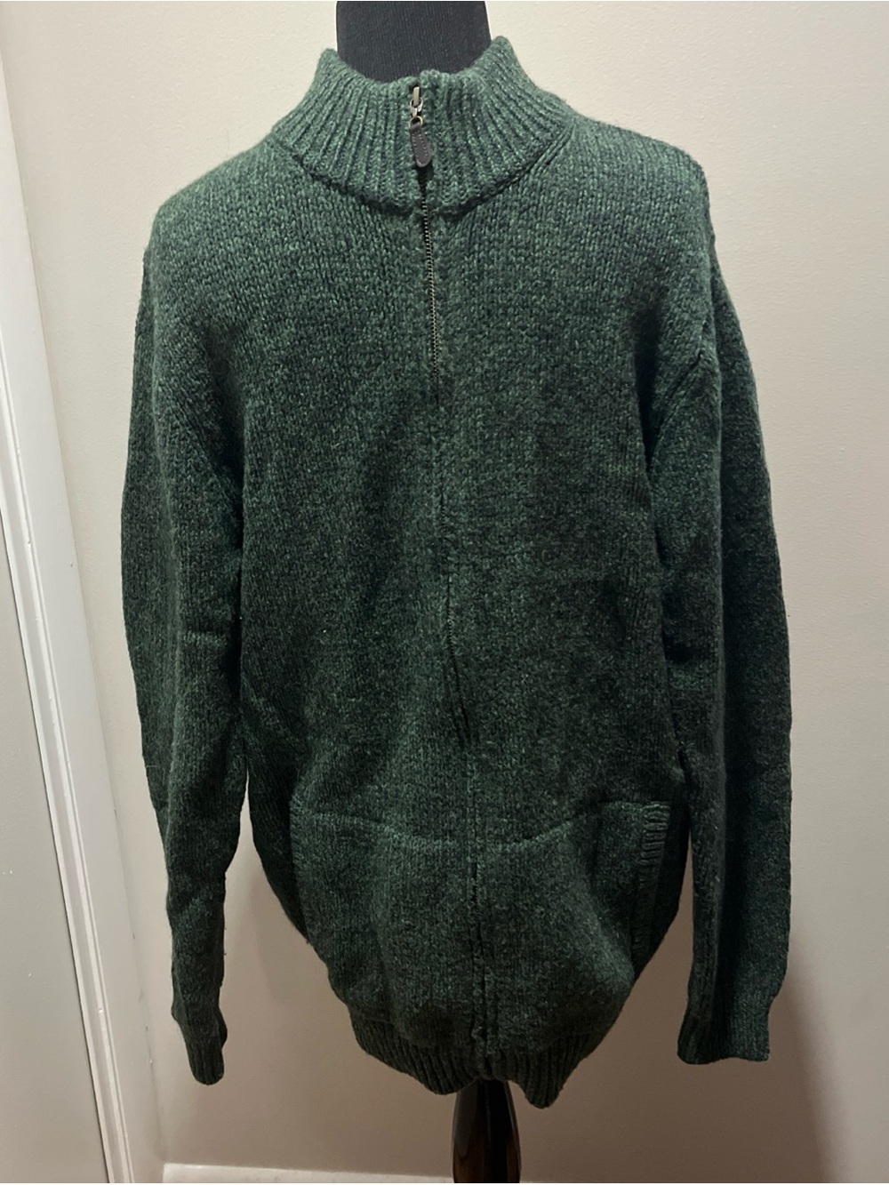 Vintage L.L. Bean Sweater Mens LT Green Full Zip Mock Neck Wool Knit USA 90s